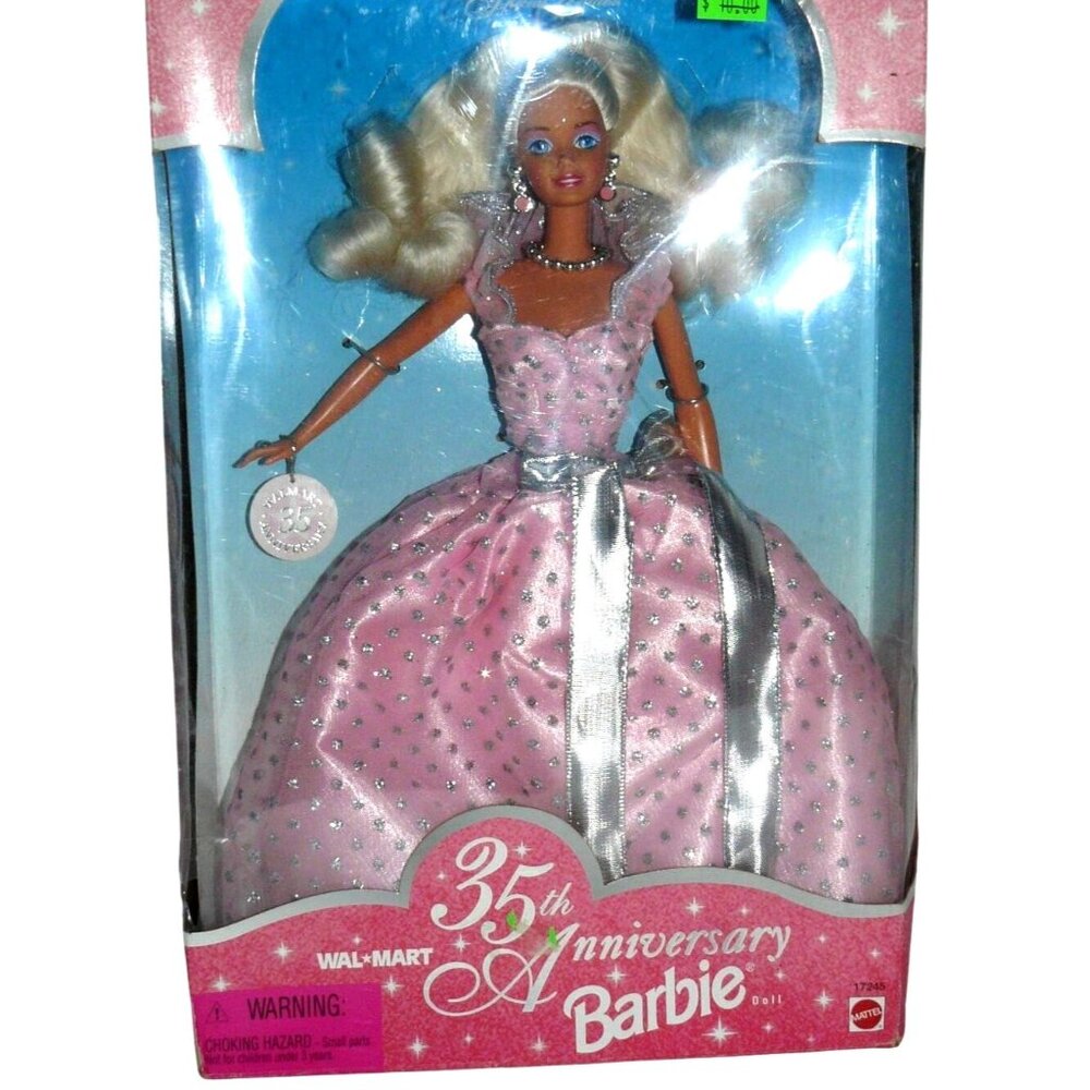 35th Anniversary Barbie Doll In Box Blonde Pink Gown Silver Accts 1997 Vintage